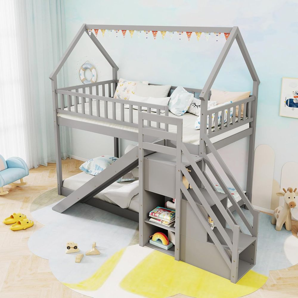 Twin Over Twin Bunk Bed with S - Bunk Bed With Stairs And Slide ulasan dan harga