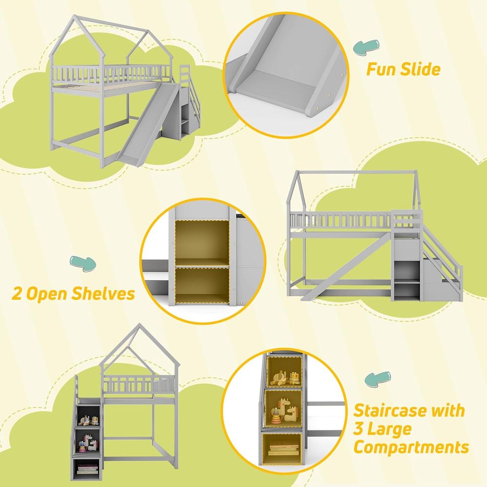 Twin Over Twin Bunk Bed with S - Bunk Bed With Stairs And Slide ulasan dan harga