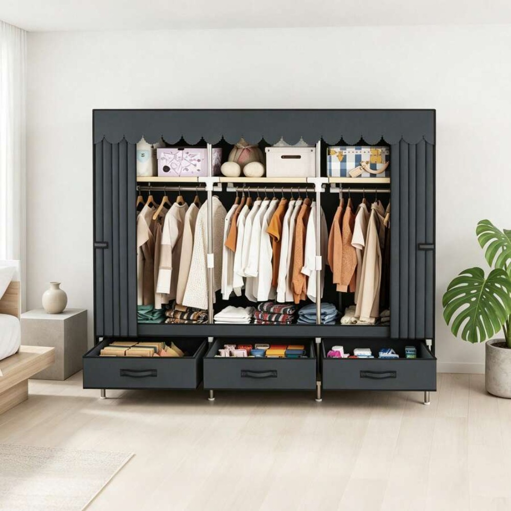 Portable Wardrobe Closet with  - Wardrobe Closet Portable Fabric Cover ulasan dan harga