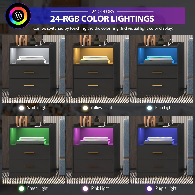 Black LED Nightstand with Char - Solid Wood Nightstand 2 Drawers ulasan dan harga