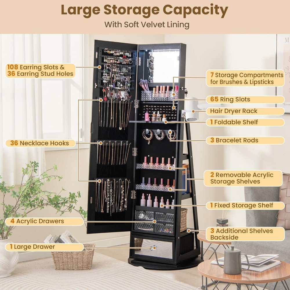 360° Swivel Jewelry Cabinet Ar - Full Length Mirror Jewelry Armoire ulasan dan harga
