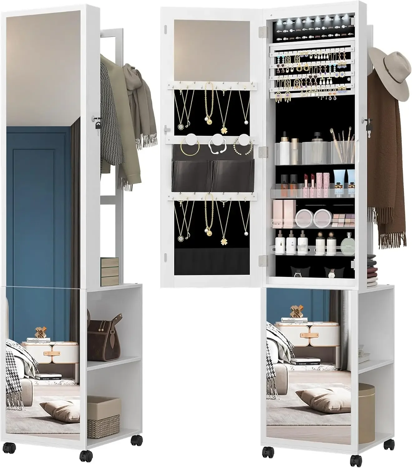8 LEDs Jewelry Cabinet Armoire - Full Length Mirror Jewelry Armoire ulasan dan harga