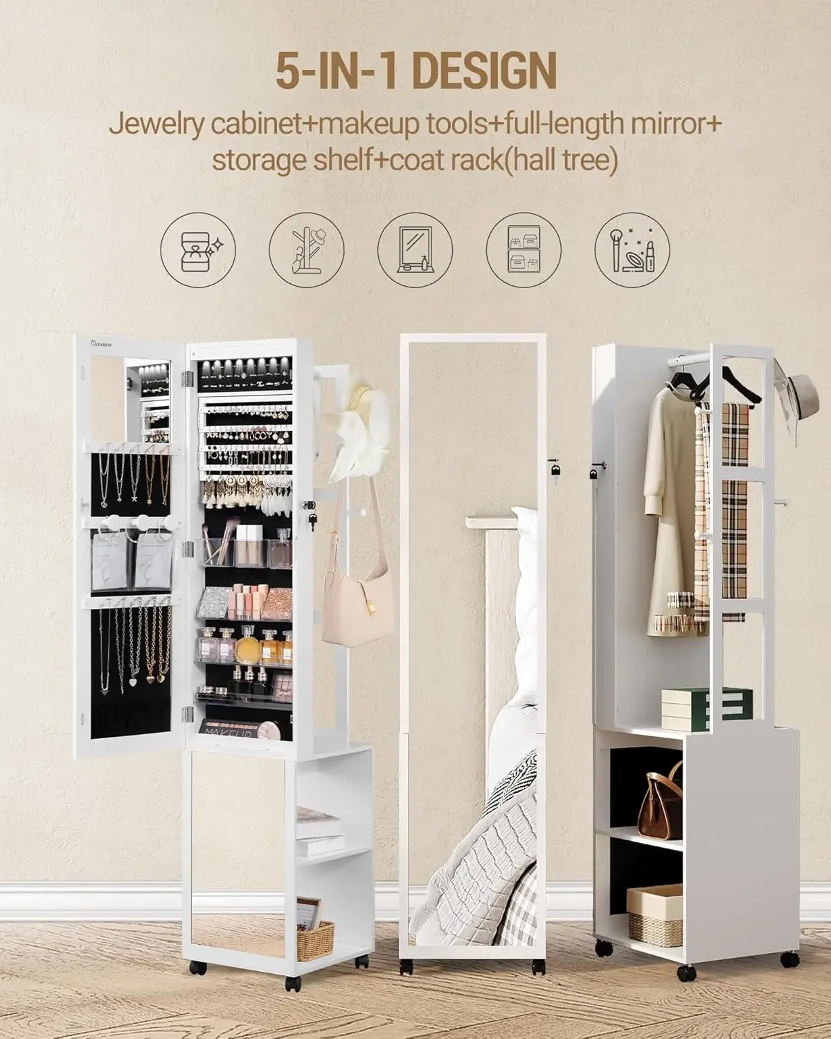 8 LEDs Jewelry Cabinet Armoire - Full Length Mirror Jewelry Armoire ulasan dan harga