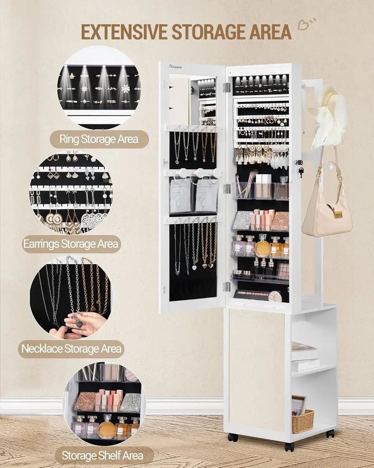 8 LEDs Jewelry Cabinet Armoire - Full Length Mirror Jewelry Armoire ulasan dan harga