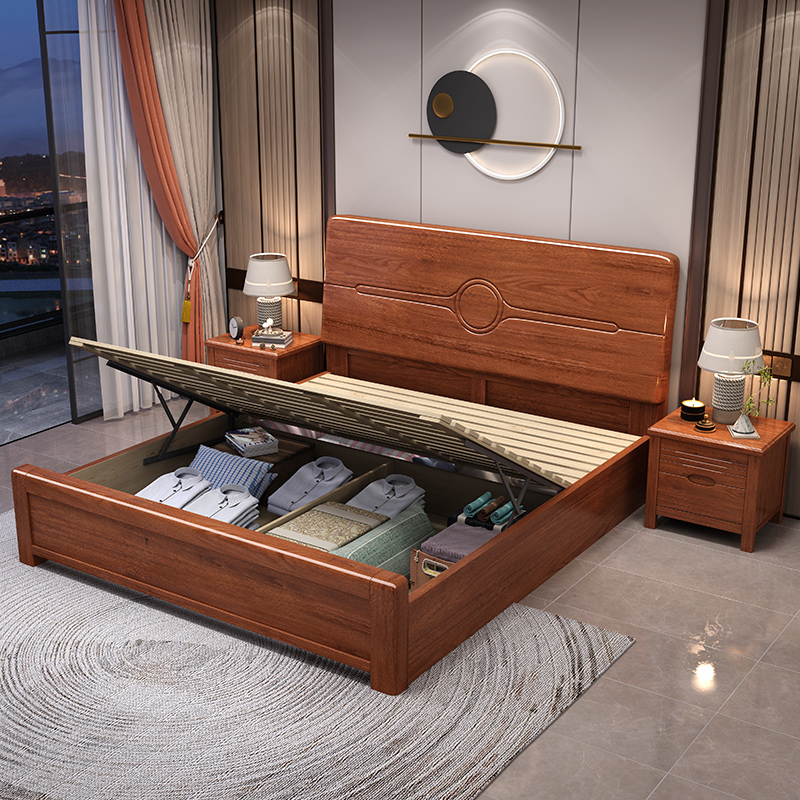 @￥Walnut Solid Wood Bed Simple - Gas Lift Storage Bed Hydraulic ulasan dan harga