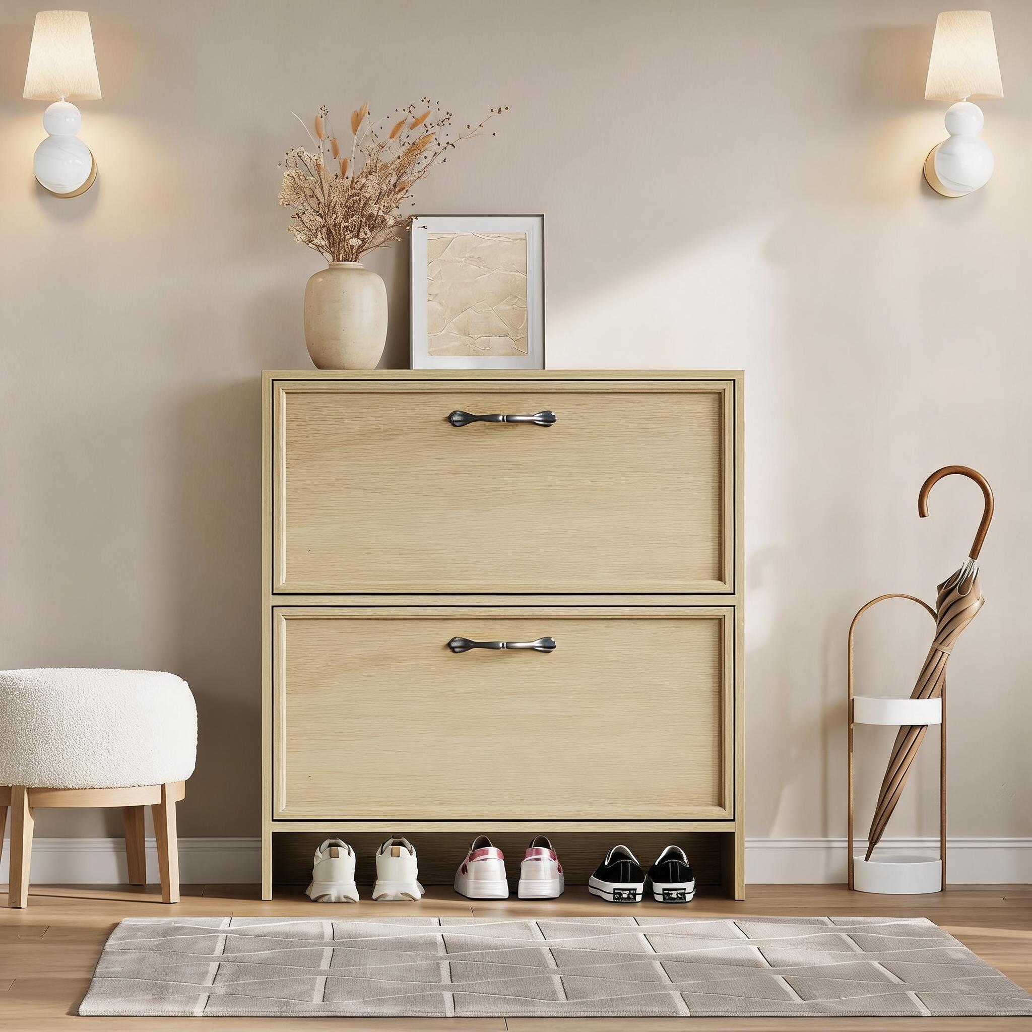 2 Flip Drawer Shoe Cabinet Wit - Shoe Rack Cabinet Narrow Entryway ulasan dan harga