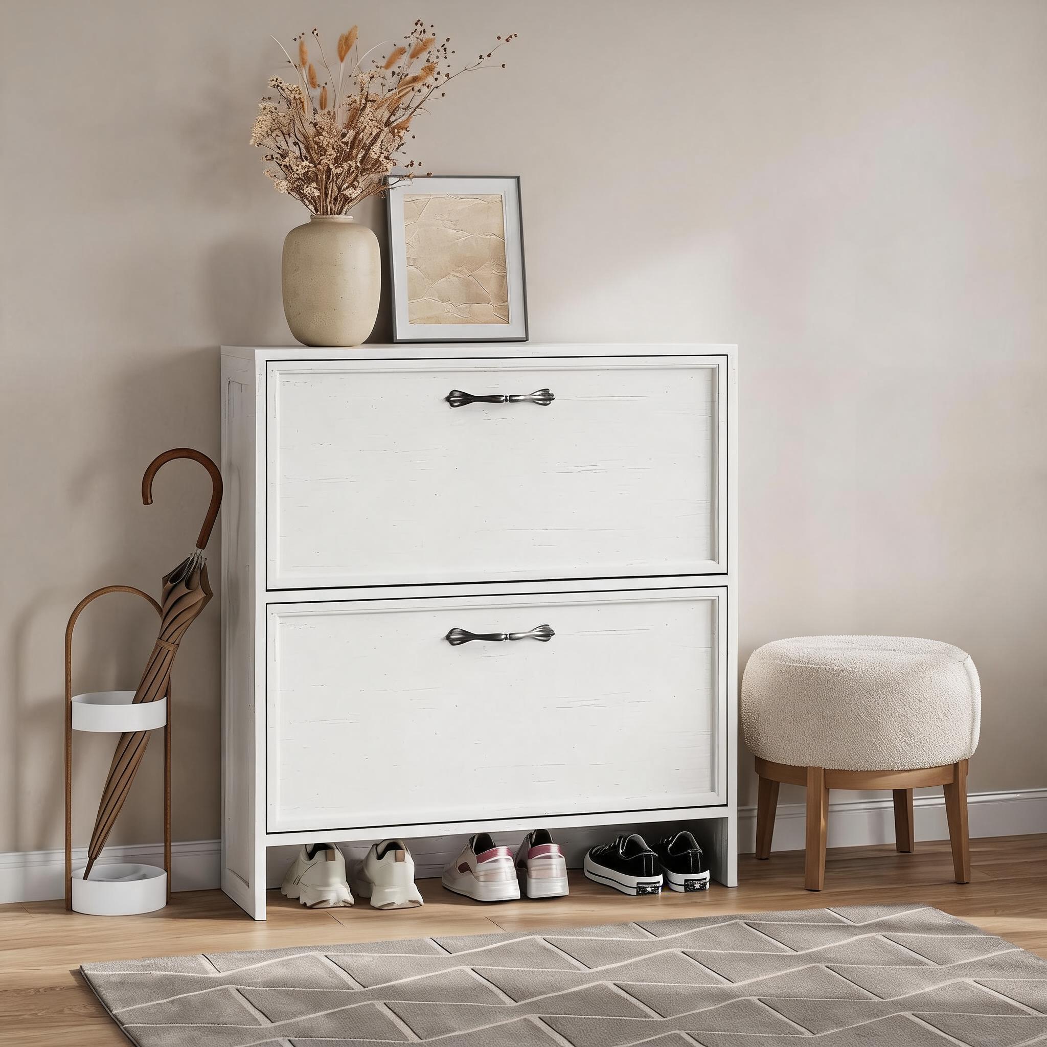 2 Flip Drawer Shoe Cabinet Wit - Shoe Rack Cabinet Narrow Entryway ulasan dan harga