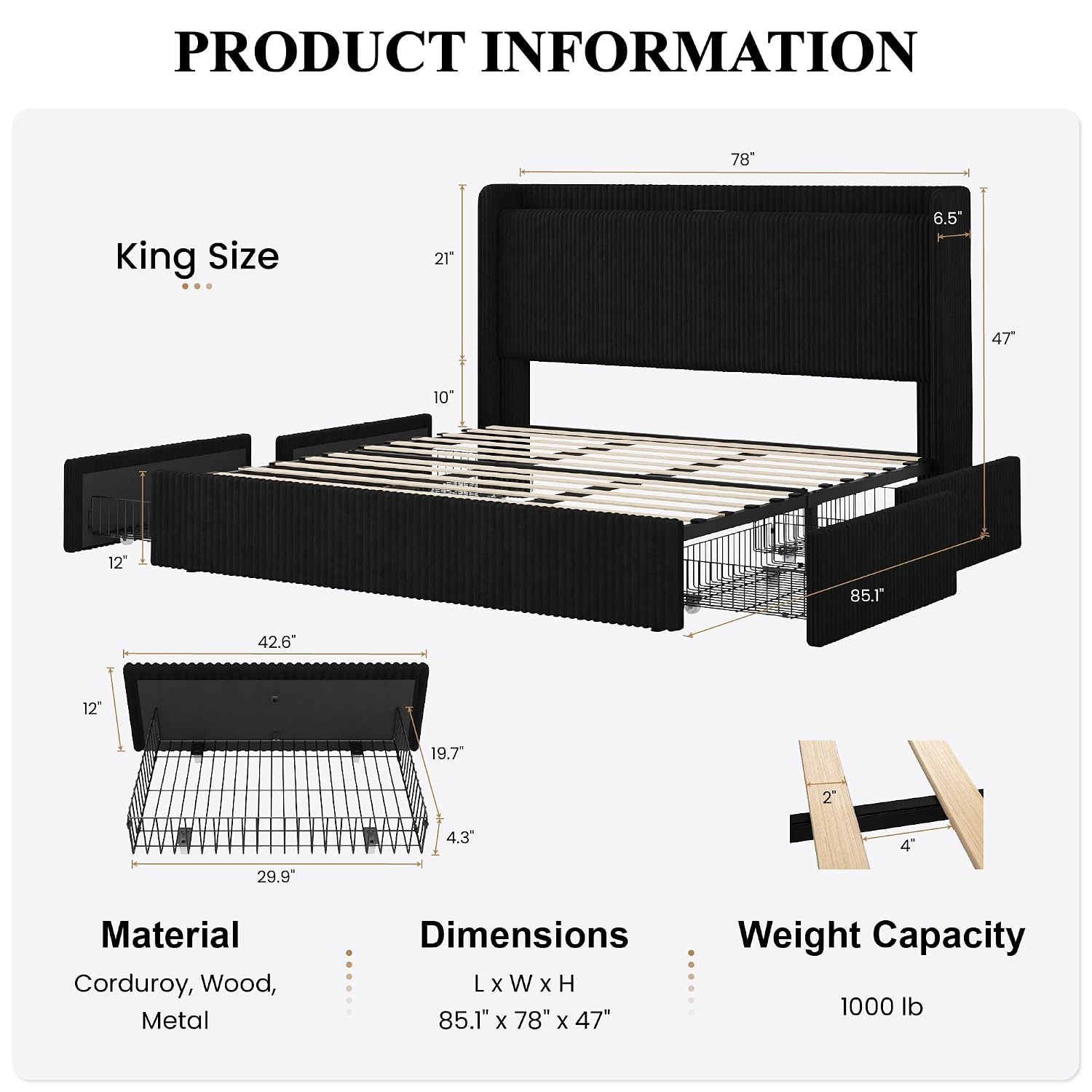 King Size Bed Frame with 4 Ove - King Size Bed Frame With Storage Drawers ulasan dan harga