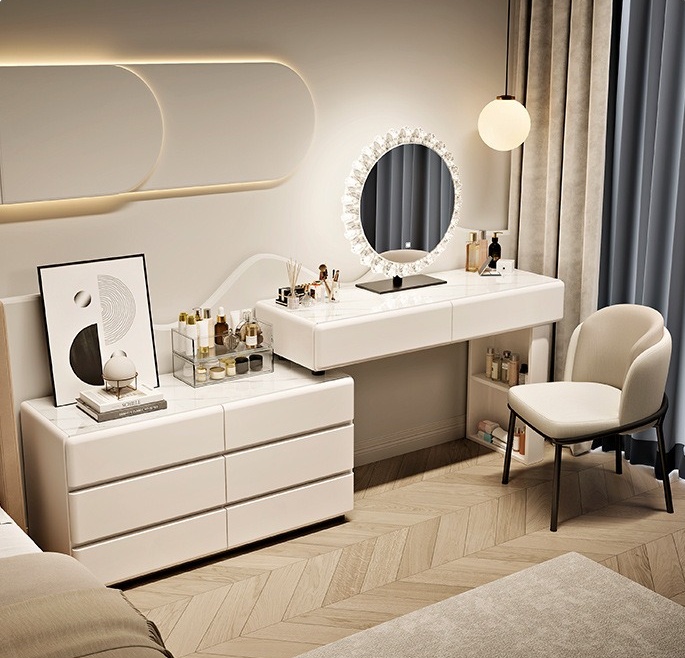 # White Wood Modern European L - Dressing Table Vanity With Lighted Mirror ulasan dan harga