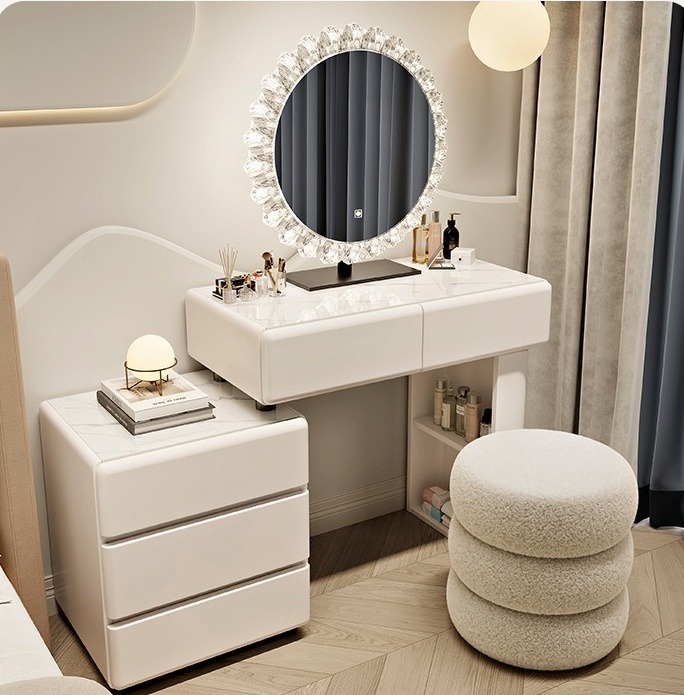 # White Wood Modern European L - Dressing Table Vanity With Lighted Mirror ulasan dan harga