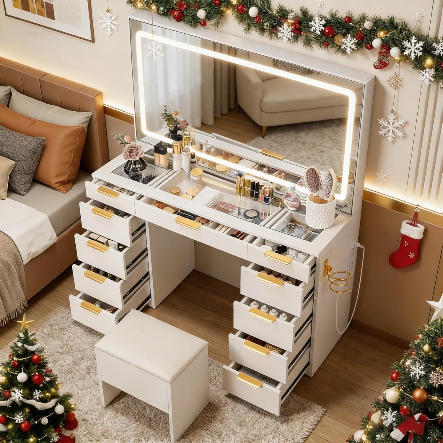 Glass Top Vanity Desk with Mir - Dressing Table Vanity With Lighted Mirror ulasan dan harga