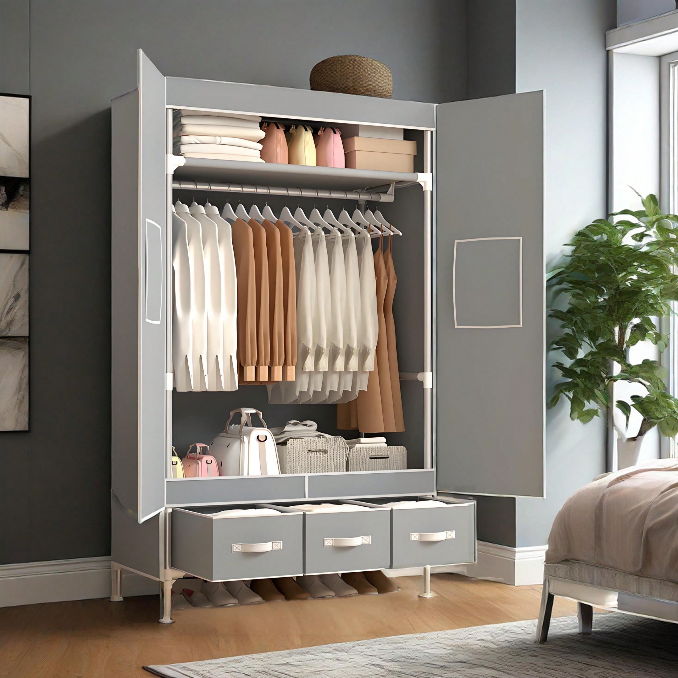 Portable Closet Wardrobe, 57.4 - Wardrobe Closet Portable Fabric Cover ulasan dan harga