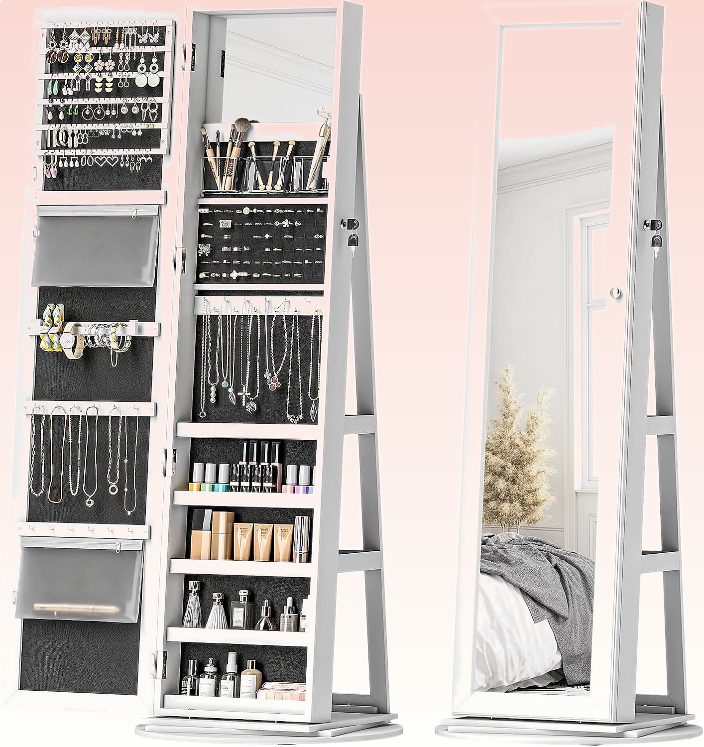 HOMCOM 360° Swivel Lockable Je - Full Length Mirror Jewelry Armoire ulasan dan harga