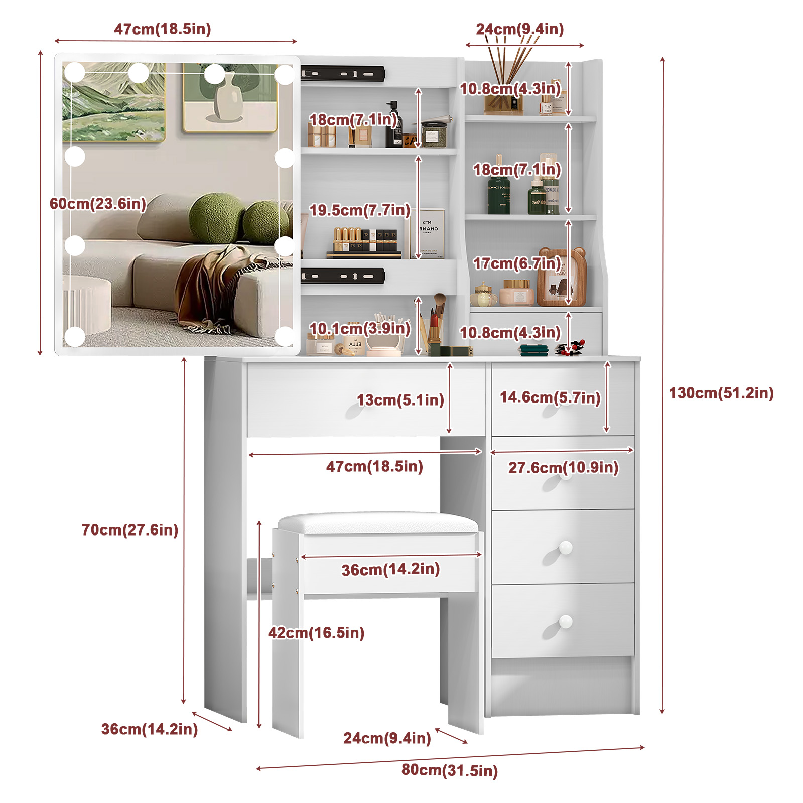 Modern White Bedroom Dressing  - Dressing Table Vanity With Lighted Mirror ulasan dan harga