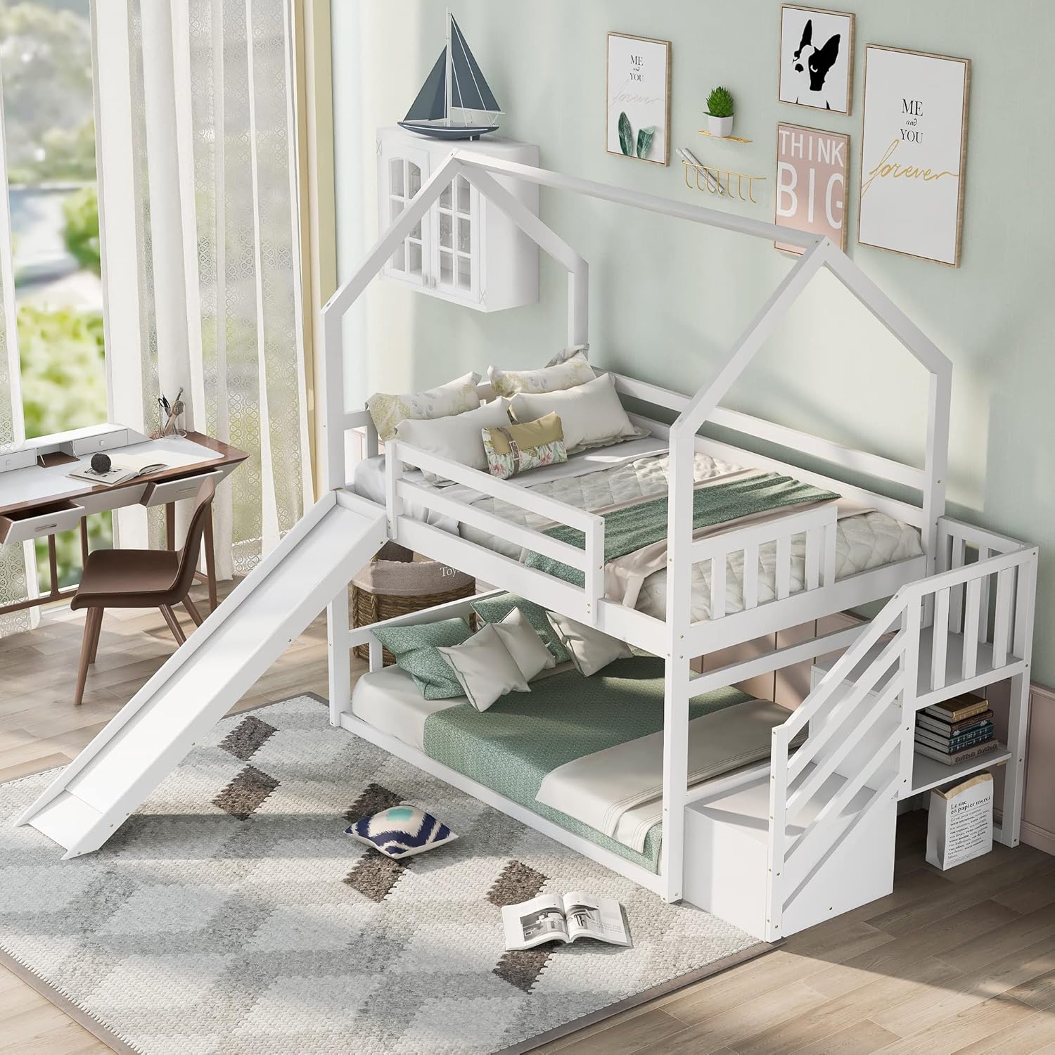 Twin Over Twin Bunk Bed with S - Bunk Bed With Stairs And Slide ulasan dan harga