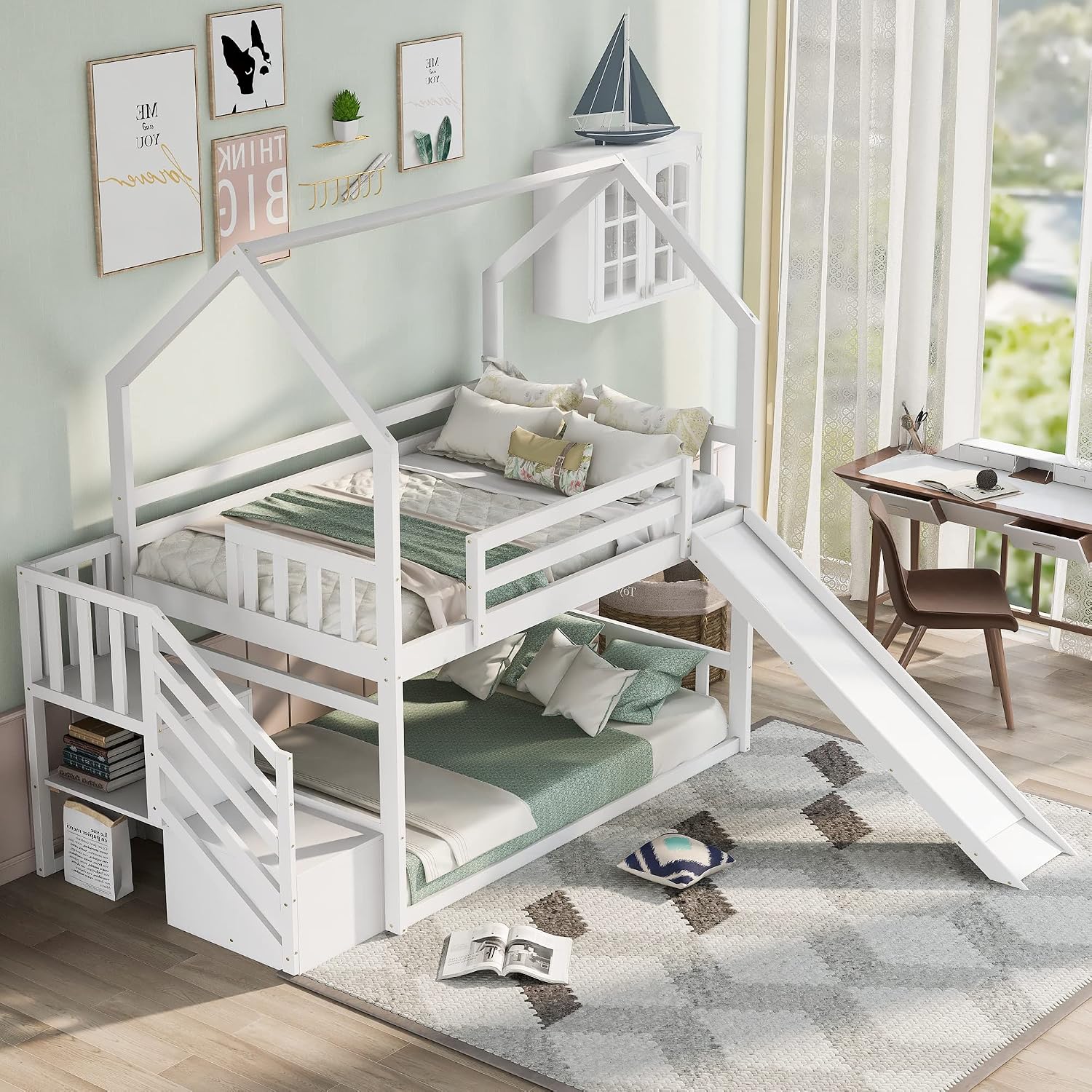 Twin Over Twin Bunk Bed with S - Bunk Bed With Stairs And Slide ulasan dan harga