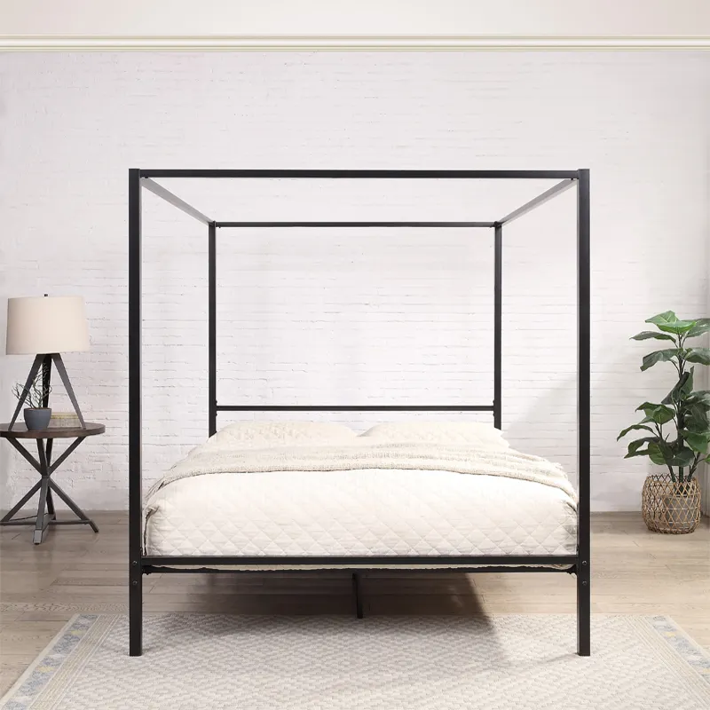 yh-Modern Design Black Four 4  - Canopy Bed Frame Metal Queen ulasan dan harga