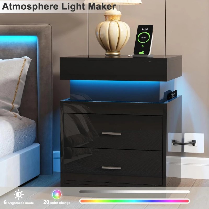 LED Nightstand With Charging S - Solid Wood Nightstand 2 Drawers ulasan dan harga