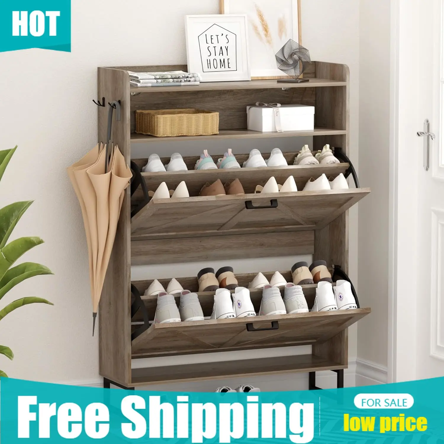 Shoe Cabinet with 2 Flip Drawe - Shoe Rack Cabinet Narrow Entryway ulasan dan harga