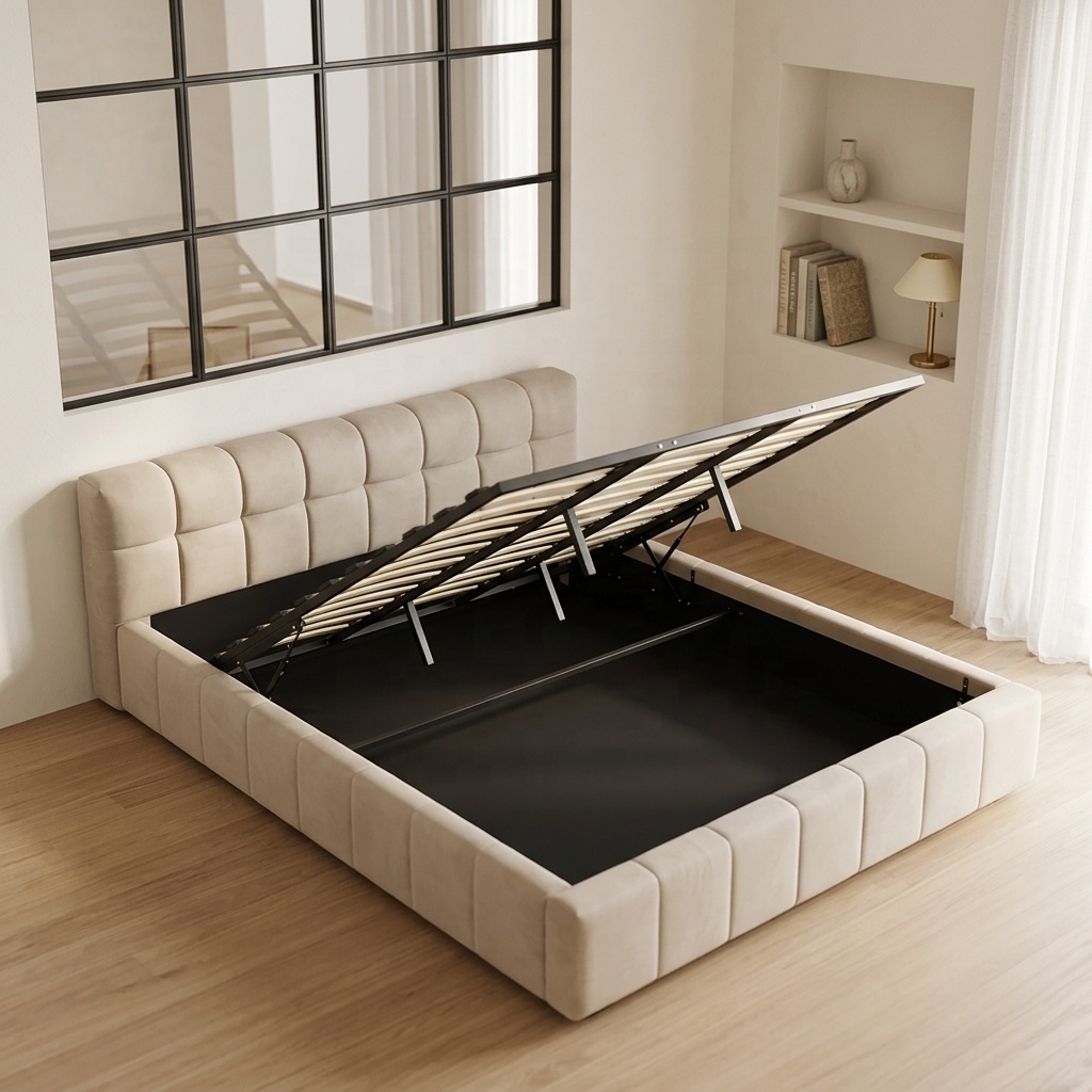 ^ Modern Tufted Soft Bed with  - Gas Lift Storage Bed Hydraulic ulasan dan harga