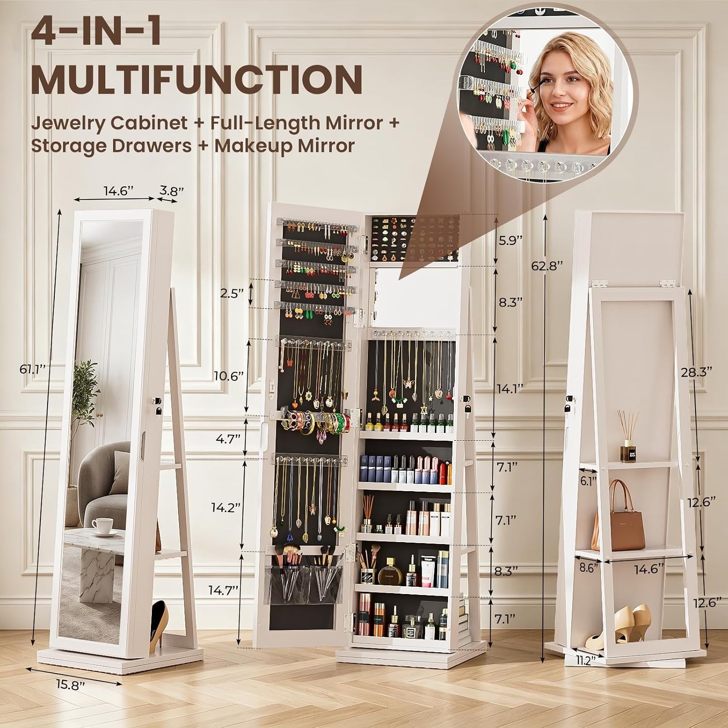 4-In-1 Jewelry Cabinet Jewelry - Full Length Mirror Jewelry Armoire ulasan dan harga